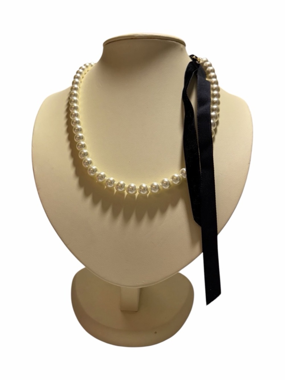 Francesca's Faux Pearl Necklace with Black Velvet Ribbon Bow Cream Gold Tone